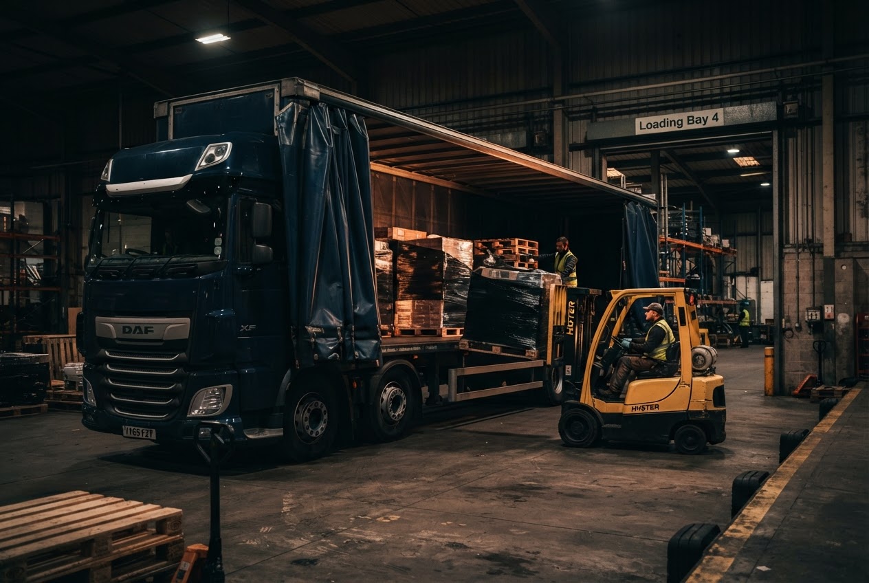 Forklift loading freight into a truck